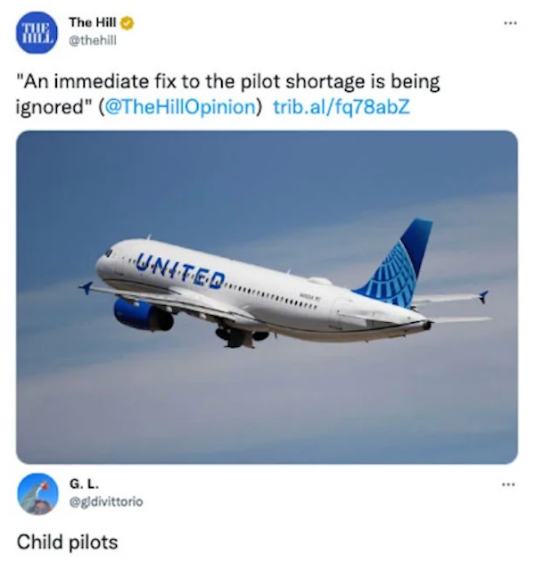 funny comments that were on point - united airlines plane - The The Hill "An immediate fix to the pilot shortage is being ignored" trib.alfq78abZ United G. L. Child pilots www
