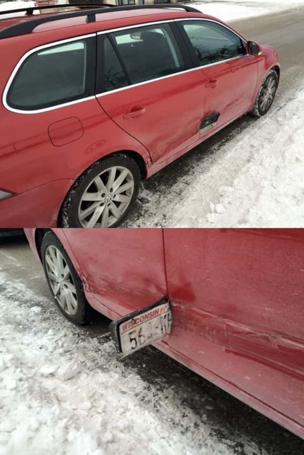 “Guy hits a vehicle, drives off, and leaves his license plate on the victim’s car.”