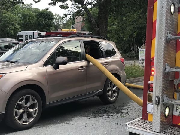 “Firefighters had to smash the window of this illegally parked vehicle on my street.”