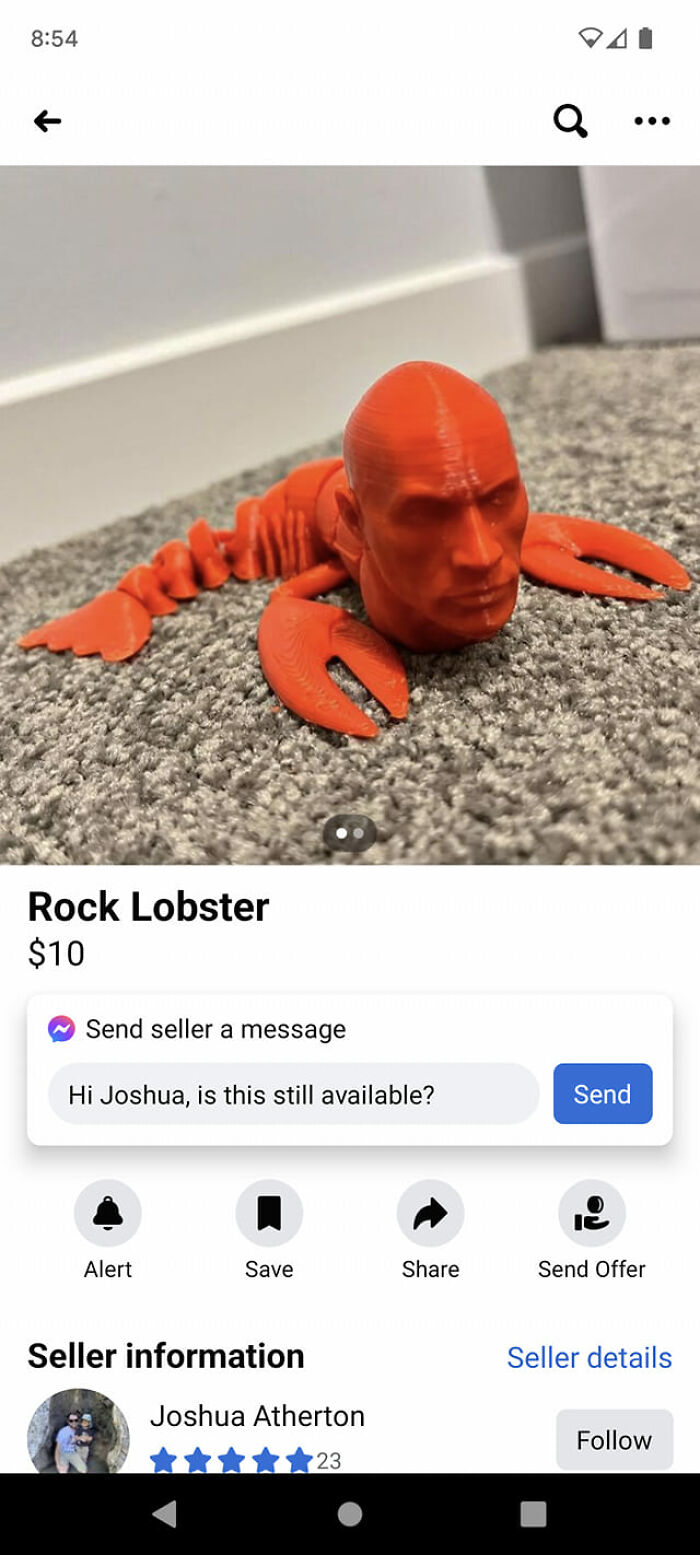 orange - Rock Lobster $10 Send seller a message Hi Joshua, is this still available? Alert Save Seller information Joshua Atherton 23 Q Send le ... Send Offer Seller details