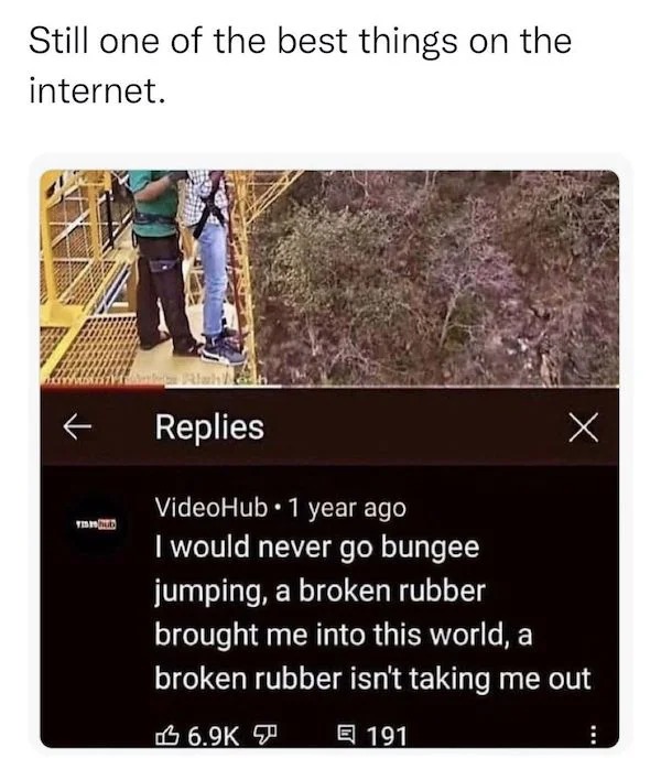 spicy memes and pics - broken rubber brought me into this world - Still one of the best things on the internet. Ti Replies VideoHub 1 year ago I would never go bungee jumping, a broken rubber brought me into this world, a broken rubber isn't taking me out