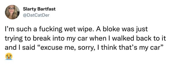 savage tweets - borat voice my wife tweet - Slarty Bartfast I'm such a fucking wet wipe. A bloke was just trying to break into my car when I walked back to it and I said