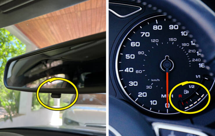 Here are two facts about your car that you may not know. How many times have you gone to the gas station and forgotten on which side the tank was? If you pay close attention to the drawing on the dashboard, you’ll see a small arrow signaling this. On the other hand, the tab under the rearview mirror allows you to control the brightness of the lights of the cars behind you.