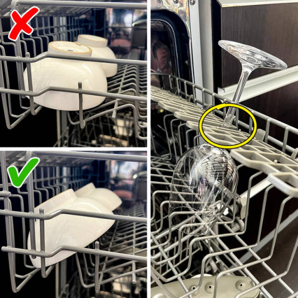 Always place cups, glasses, and bowls at an angle to drain the water completely. When you unload the dishwasher, you’ll find that you don’t have to dry anything. Moreover, these appliances usually come with small supports to lock the cups, so they do not move out of place.