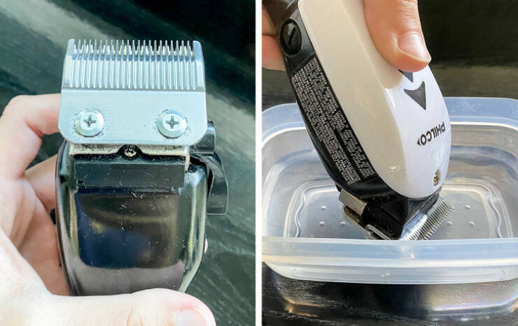 There aren’t many indications for using a hair clipper, but maybe you didn’t know that you should clean it to prolong the hygiene and efficiency of the blades. Luckily, it’s pretty simple. You need to dip the blades — and only the blades — in shallow water and turn the machine on for a few seconds. You’ll clearly see how the hair comes out.