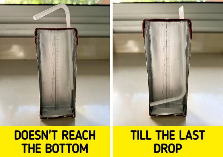 We usually put the bendable straw into the box long-side first. One of the reasons is we won’t lose our straw inside the juice box. However, some people insist that we should stick the straw upside down. This way, the curved part allows us to drink every last drop of juice.