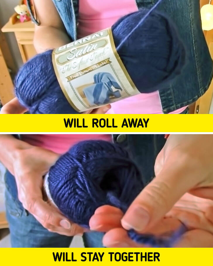 There is a more efficient way to pull the thread from the yarn. When we pull from the outside, the yarn rolls away, so we need to hold it. However, if you pull it from the center, it will stay together.