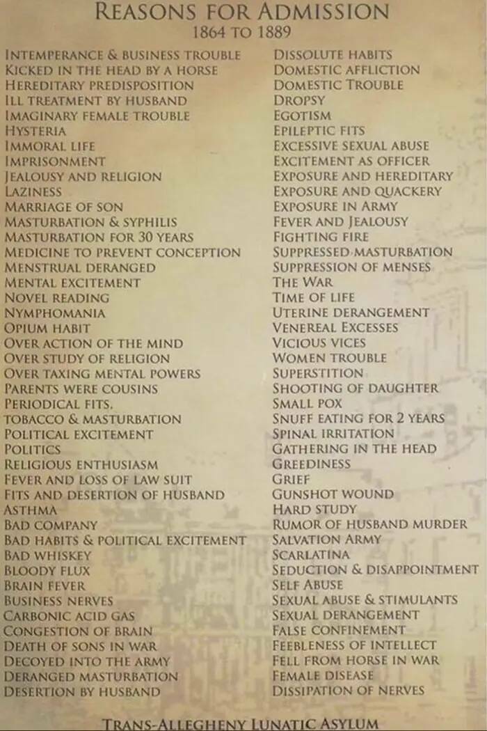 fascinating photos - reasons for admission to insane asylum 1800s - Reasons For Admission 1864 To 1889 Intemperance & Business Trouble Kicked In The Head By A Horse Hereditary Predisposition Ill Treatment By Husband Imaginary Female Trouble Hysteria Immor