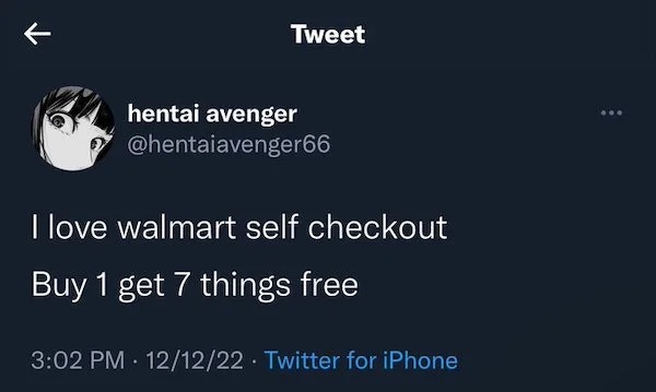 Posting illegal activities - any love i made you feel is yours to keep - Tweet hentai avenger I love walmart self checkout