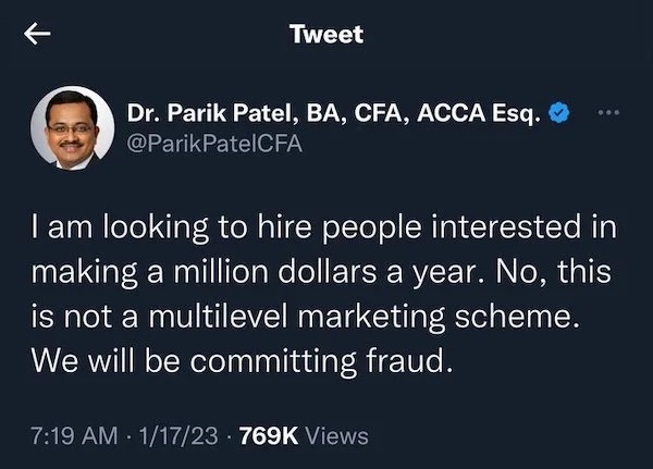 Posting illegal activities - I am looking to hire people interested in making a million dollars a year. No, this is not a multilevel marketing scheme. We will be committing fraud.