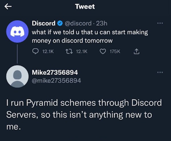 Posting illegal activities - what if we told u that u can start making money on discord tomorrow \ I run Pyramid schemes through Discord Servers, so this isn't anything new to me.