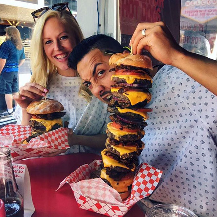 It's Incredibly Important To Have A Strong Support System When Taking On Our Octuple Bypass Burger. Heart Attack Grill, Las Vegas, Nevada