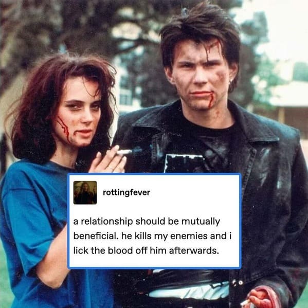 dark sense of humor - heathers movie poster - rottingfever a relationship should be mutually beneficial. he kills my enemies and i lick the blood off him afterwards.