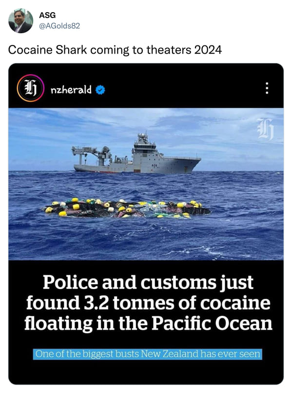 dark sense of humor - cocaine found in pacific ocean - Asg Cocaine Shark coming to theaters 2024 nzherald th Police and customs just found 3.2 tonnes of cocaine floating in the Pacific Ocean One of the biggest busts New Zealand has ever seen