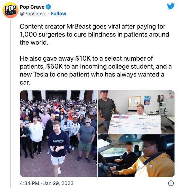 funniest tweets of the week - presentation - Pop Pop Crave Crave Content creator MrBeast goes viral after paying for 1,000 surgeries to cure blindness in patients around the world. He also gave away $10K to a select number of patients, $50K to an incoming