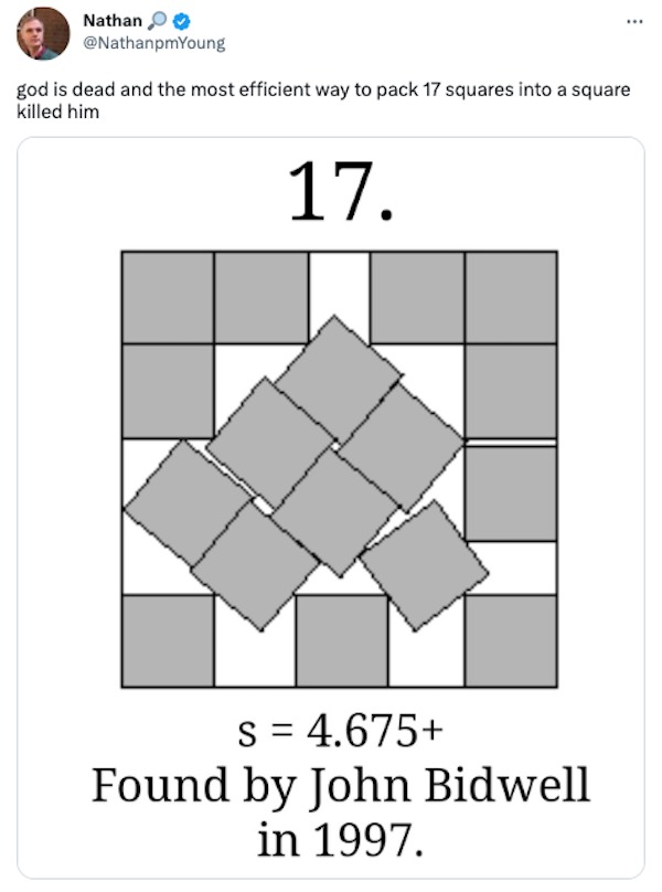 funniest tweets of the week - the centre pompidou - Nathan god is dead and the most efficient way to pack 17 squares into a square killed him 17. S 4.675 Found by John Bidwell in 1997.
