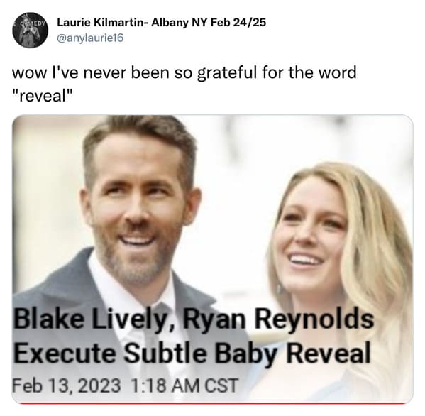 funniest tweets of the week - Edy Laurie KilmartinAlbany Ny Feb 2425 wow I've never been so grateful for the word "reveal" Blake Lively, Ryan Reynolds Execute Subtle Baby Reveal Cst