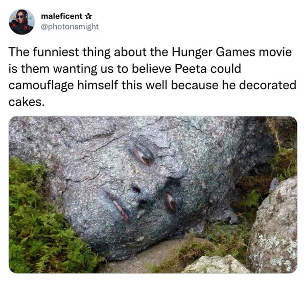 funniest tweets of the week - peeta disguise hunger games - maleficent The funniest thing about the Hunger Games movie is them wanting us to believe Peeta could camouflage himself this well because he decorated cakes.