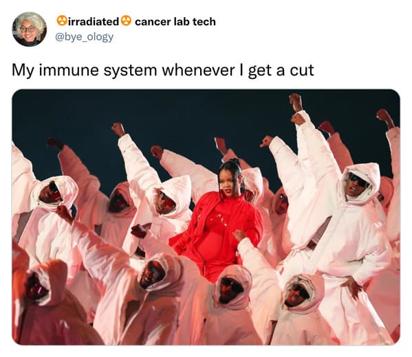 funniest tweets of the week - Rihanna - irradiated cancer lab tech My immune system whenever I get a cut