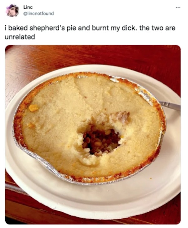 people who need jesus - dish - Linc i baked shepherd's pie and burnt my dick. the two are unrelated