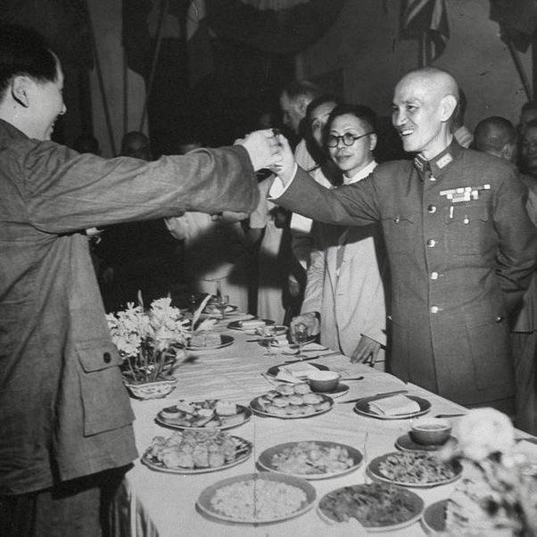 Mao Zedong and Chiang Kai-shek make a toast to celebrate the surrender of Japan in August 1945. It was the last time the leaders ever met