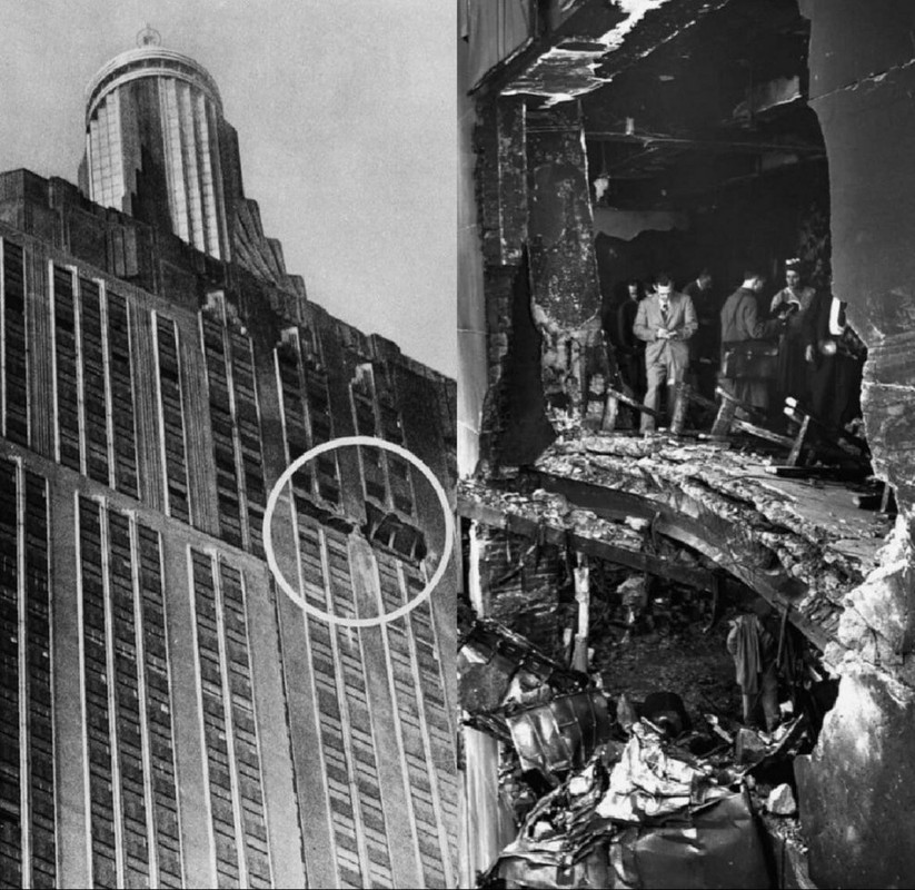 This is a picture of the Empire State Building after a bomber plane crashed into it in 1945