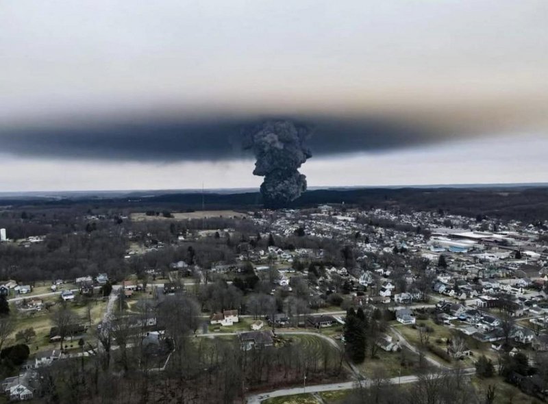 Aftermath of the controlled burn off of the chemicals from a 50 car derailment in Palestine Ohio
