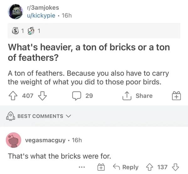 document - r3amjokes ukickypie 16h S1 161 What's heavier, a ton of bricks or a ton of feathers? A ton of feathers. Because you also have to carry the weight of what you did to those poor birds. 407 29 1 Best vegasmacguy. 16h That's what the bricks were fo