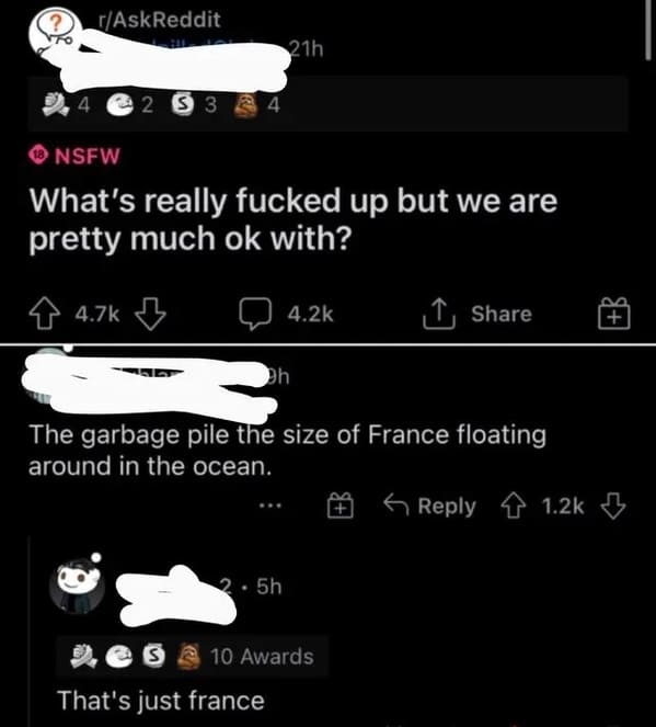 screenshot - rAskReddit 4 2 3 3 4 18 Nsfw What's really fucked up but we are pretty much ok with? 21h 2.5h h That's just france The garbage pile the size of France floating around in the ocean. 10 Awards