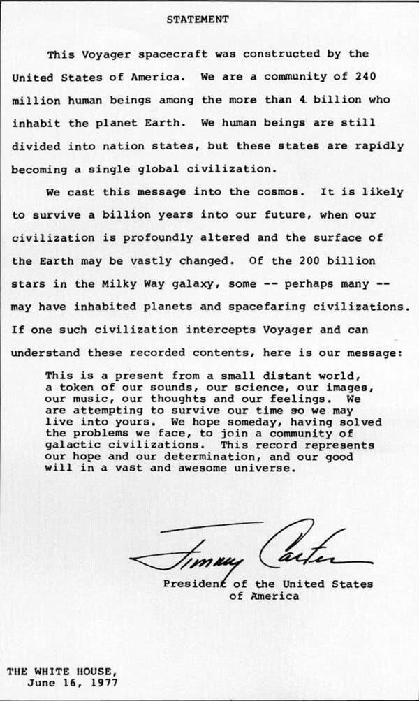 This is the letter President Jimmy Carter wrote and put aboard the Voyager 1 spacecraft, intended for any aliens the probe might encounter: