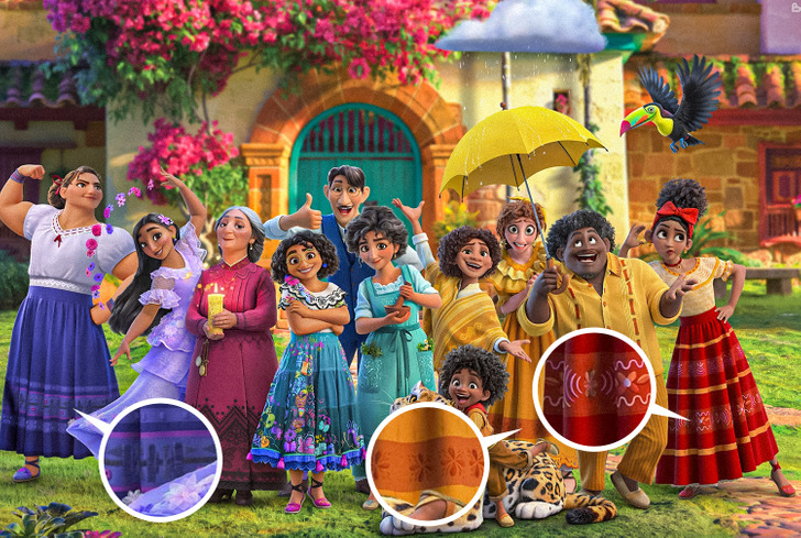 The clothing of the characters in the animated movie Encanto reflects who they are. For example, Luisa, the strongest character in the film, is wearing a dress that has dumbbell designs, Dolores has sound waves depicted on her skirt (she has super hearing), and Pepa has weather symbols because the weather in the city depends on her mood. And if you look closely, you can find something in each character’s outfit that speaks about them.