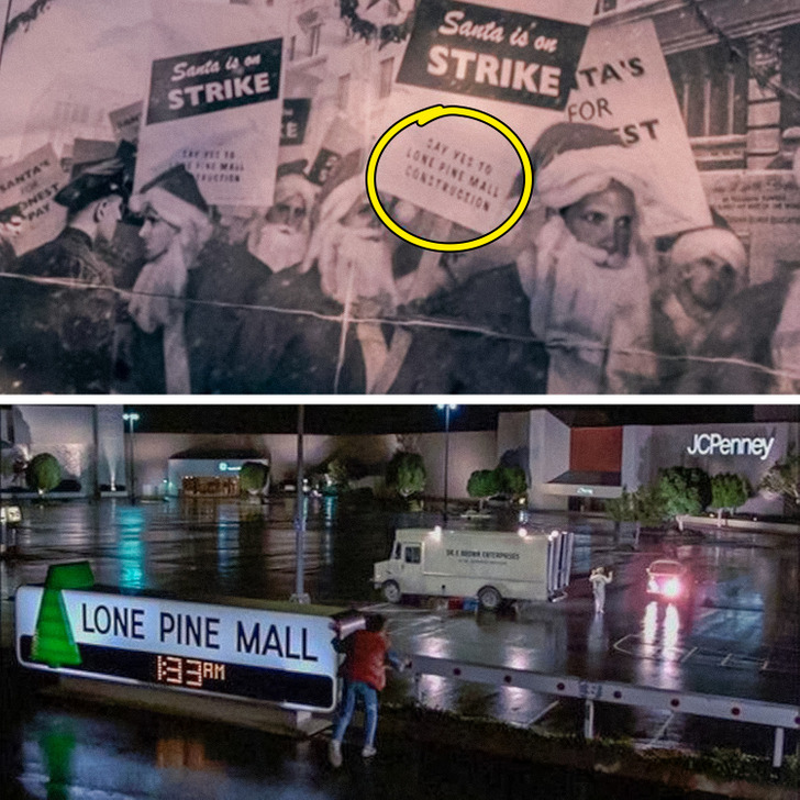 In one of the first shots of The Polar Express, we see a newspaper with the name of a mall: “Lone Pine Mall.” If you think you’ve seen this name before, you’re right. It was the name of the mall in the 1985 film Back to the Future.Viewers even have an explanation for this coincidence: The Polar Express is set in 1956, on Christmas, and Back to the Future — in 1955. So, the character of both movies lived at the same time, and would have been able to visit the same mall.