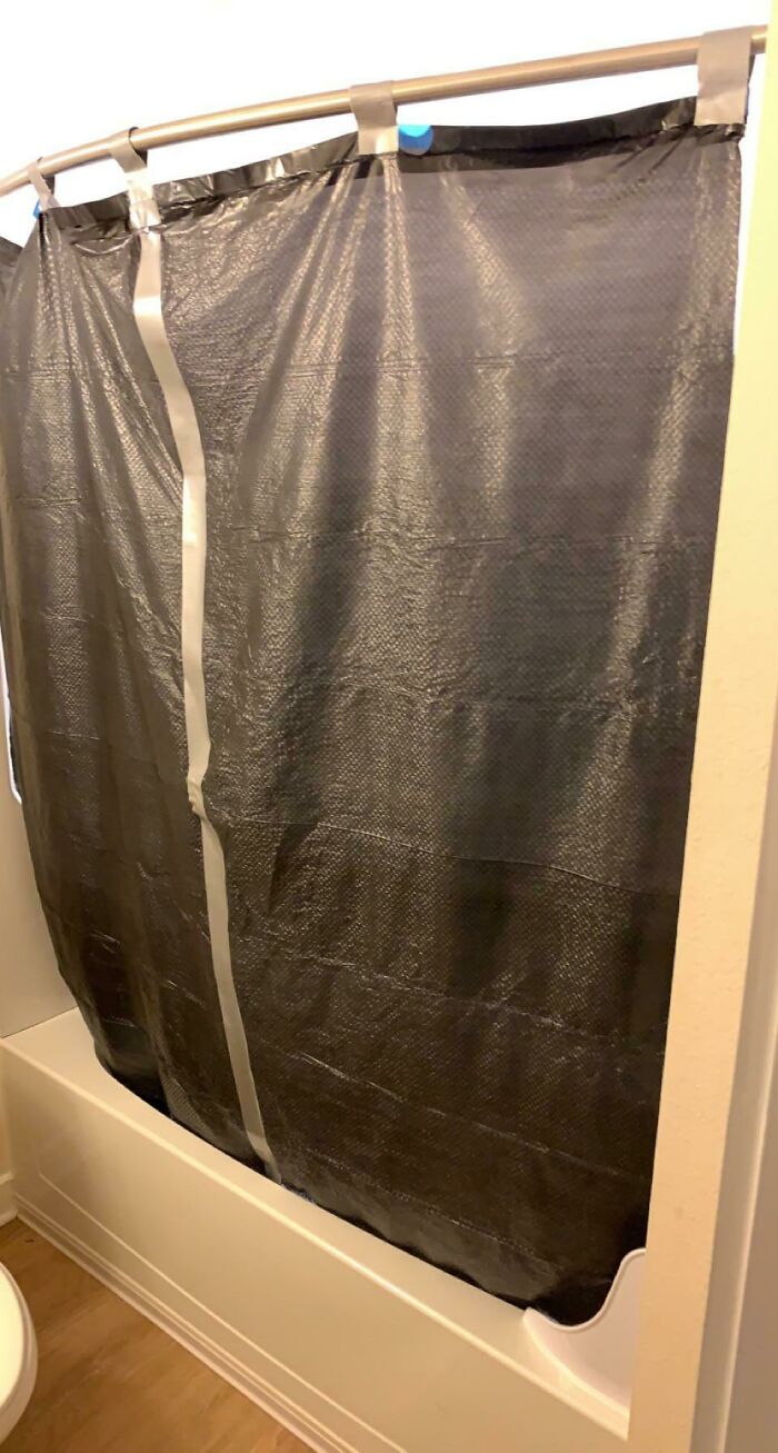 Forgot To Buy A Shower Curtain For The New Apartment And I Can’t Get One Until Tomorrow Evening. Two Trash Bags Cut Open And An Amount Of Duct Tap