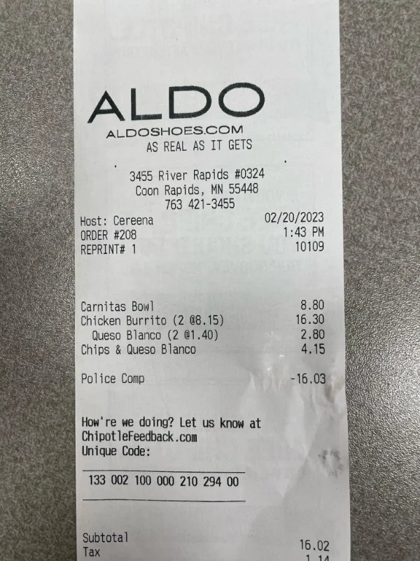 “My Chipotle order was printed on Aldo receipt paper.”