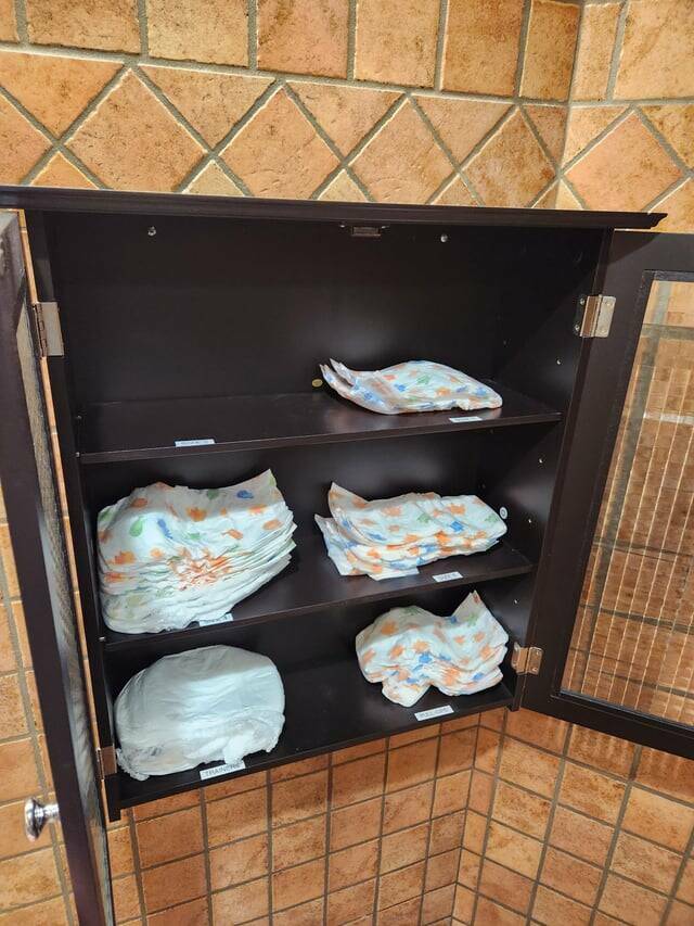 "This grocery store men's restroom had a selection of free diapers"