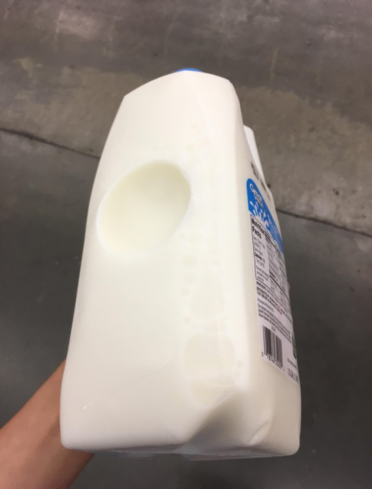 The milk jug has a useful feature that you may not have noticed. On its side, there is a circular indentation that is not just for decoration. It actually helps prevent it from exploding as the milk ages.

This is because as milk ages, it produces gases that can increase the pressure inside the container. If the pressure gets too high, the jug could burst. But the concave circle is flexible and can expand to release the extra buildup.