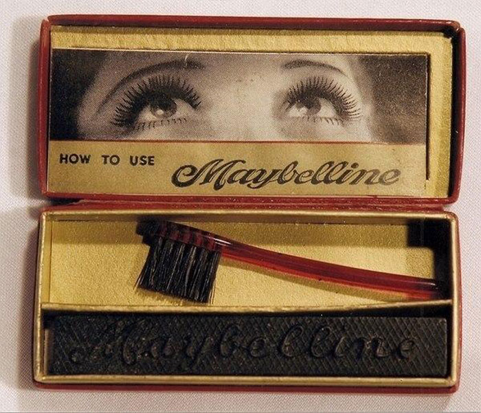 in 1915 a pharmacist saw his sister make her own mascara with coal and petroleum jelly and thought he could make a better product. His invention was easier to apply and won't burn a woman's eye. He named his new company Maybelline after his sister Maybel and the base material Vaseline.