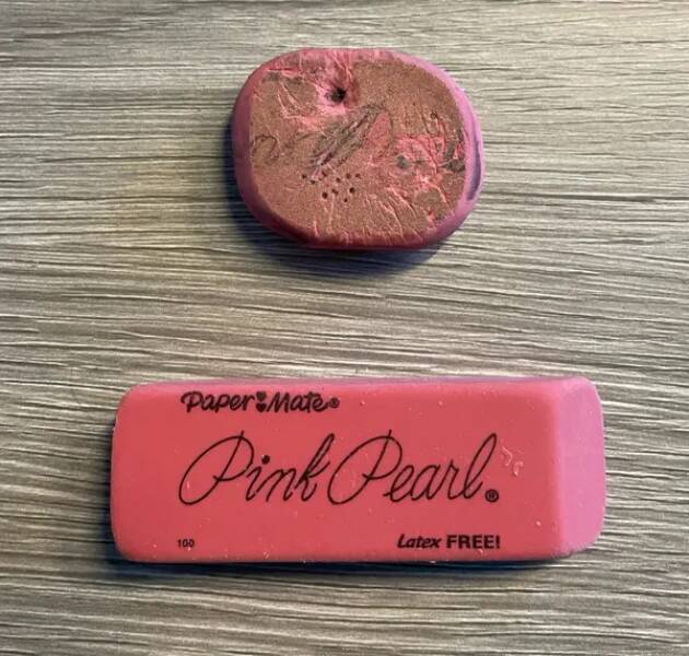 An eraser that's seen some things vs. a bright-eyed, bushy-tailed new eraser: