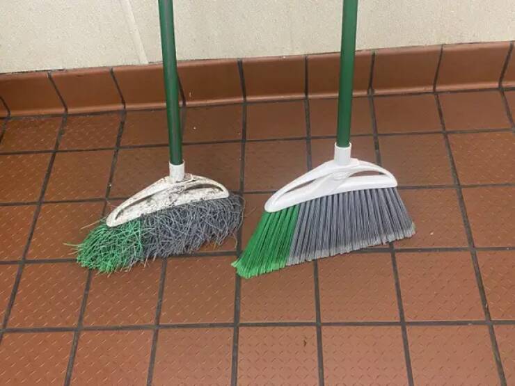 A broom that has been put through the absolute ringer vs. a brand new broom: