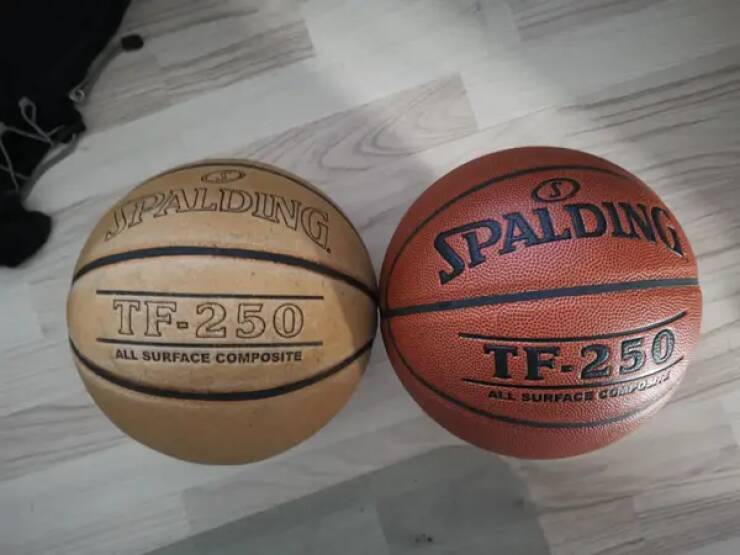 A basketball that's been used for five years vs. a totally new one: