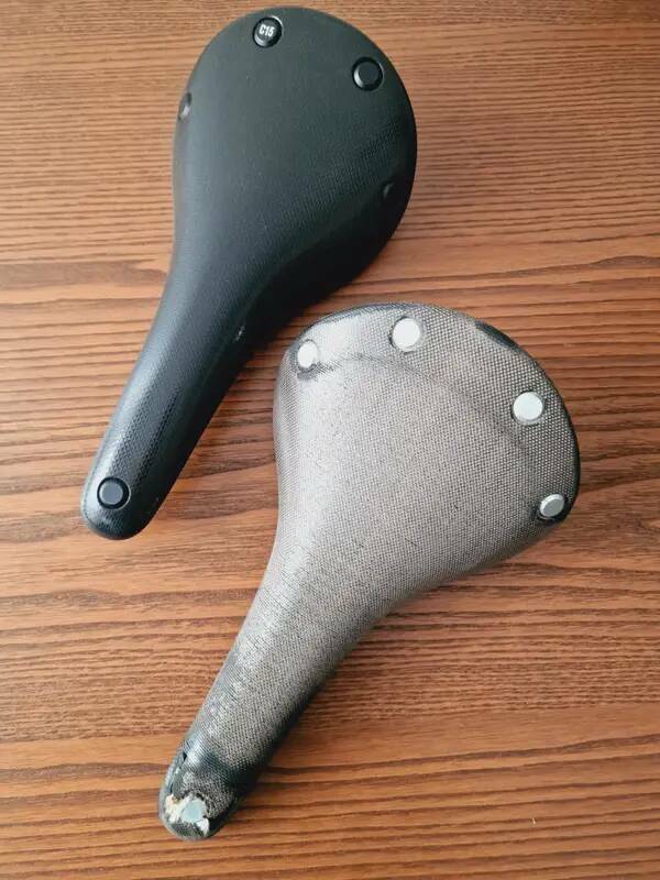 A new bike seat vs. the same seat after five years of commuting: