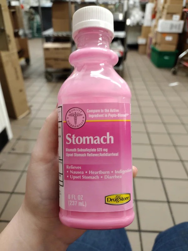 fascinating photos - pepto bismol off brand stomach - O A Compare to the Active Ingredient in PeptoBisme Stomach Bismuth Subsalicylate 525 mg Upset Stomach RelieverAntidiarrheal Relieves Nausea. Heartburn. Indigestion Upset Stomach Diarrhea . 8 Fl Oz 237 