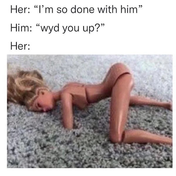 spicy memes - photo caption - Her "I'm so done with him Him "wyd you up?" Her