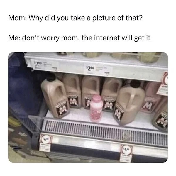 spicy memes - chocolate milk surrounding strawberry milk meme - Mom Why did you take a picture of that? Me don't worry mom, the internet will get it 1310 $20 M