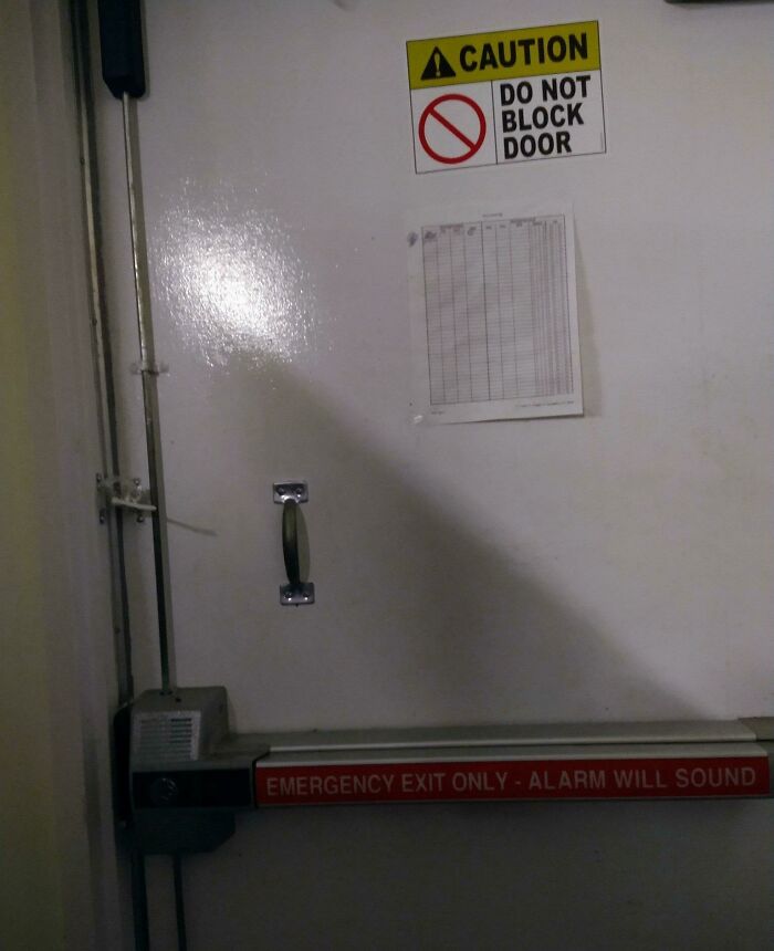work safety fails - floor - Acaution Do Not Block Door Emergency Exit Only Alarm Will Sound