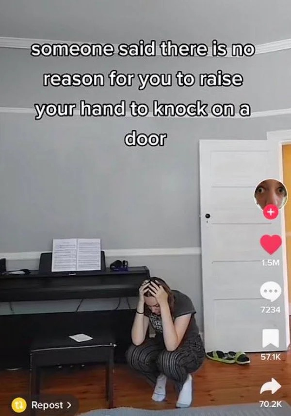 deranged tiktok screenshots - room - someone said there is no reason for you to raise your hand to knock on a door tRepost > 1.5M 8 7234