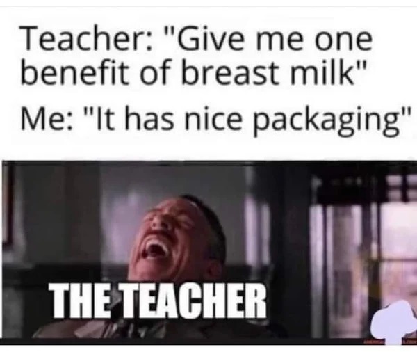 photo caption - Teacher "Give me one benefit of breast milk" Me "It has nice packaging" The Teacher