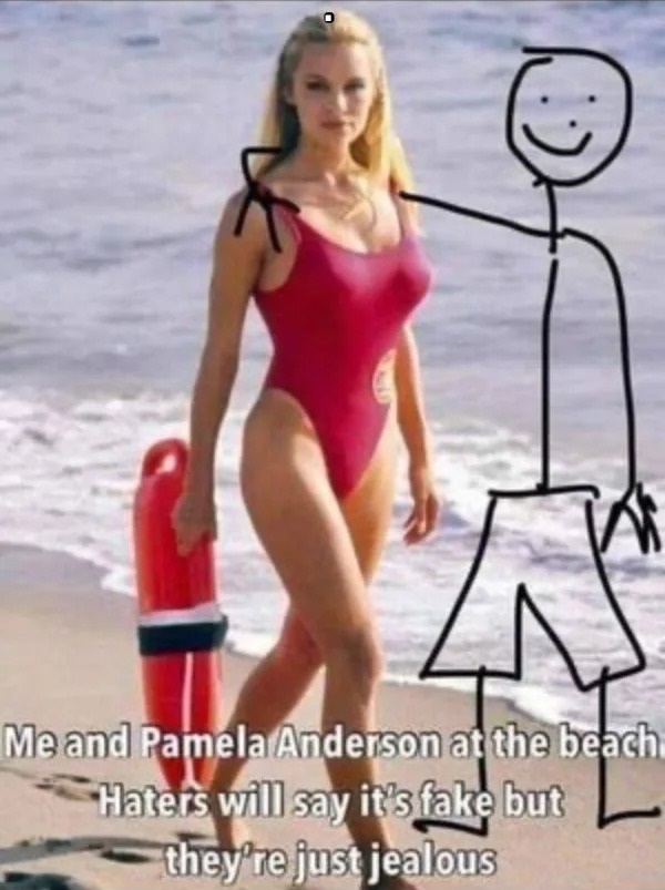 me and pamela anderson meme - A Me and Pamela Anderson at the beach Haters will say it's fake but they're just jealous