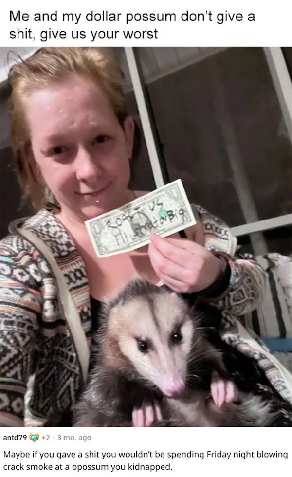 savage roasts - fauna - Me and my dollar possum don't give a shit, give us your worst 638 Fat 3000 Roast Us Strator Big antd792 3 mo. ago Maybe if you gave a shit you wouldn't be spending Friday night blowing crack smoke at a opossum you kidnapped.