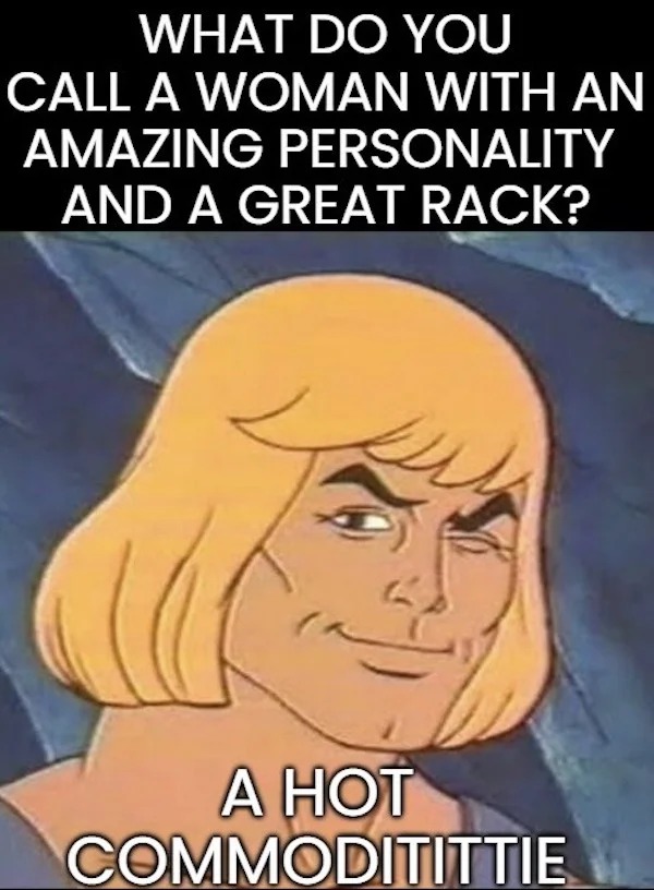 spicy sex memes - he man - What Do You Call A Woman With An Amazing Personality And A Great Rack? A Hot Commoditittie